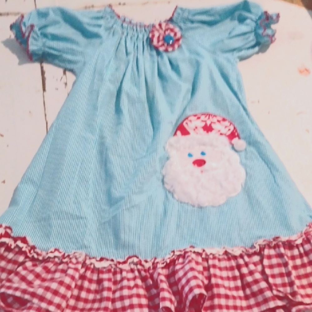Le' Za Me Little Girls Gingham Santa Smock Dress Sz 4